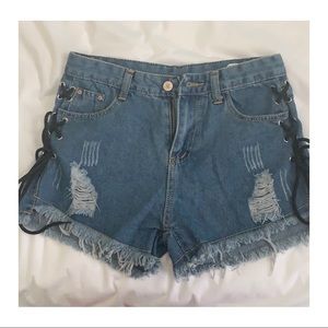 Distressed denim lace shorts